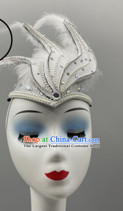 Chinese Kazak Ethnic Stage Performance White Feather Hat Ethnic Women Headwear Uyghur Nationality Swan Dance Headpiece