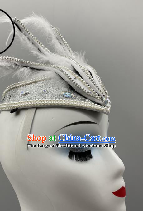 Chinese Kazak Ethnic Stage Performance White Feather Hat Ethnic Women Headwear Uyghur Nationality Swan Dance Headpiece