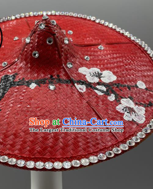 Chinese Ethnic Stage Performance Red Bamboo Hat Yunnan Minority Peacock Dance Headwear Dai Nationality Woman Headdress