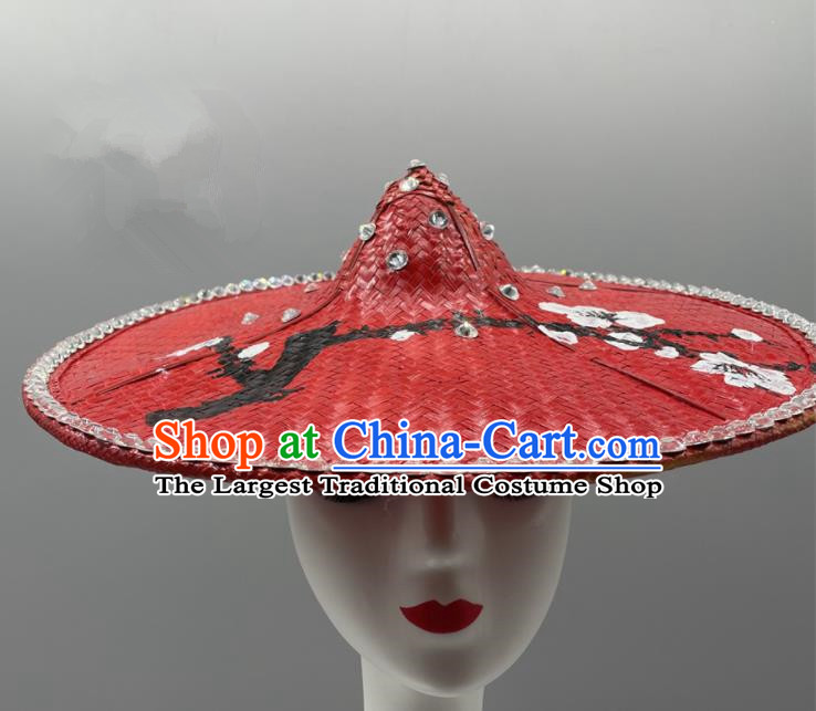 Chinese Ethnic Stage Performance Red Bamboo Hat Yunnan Minority Peacock Dance Headwear Dai Nationality Woman Headdress