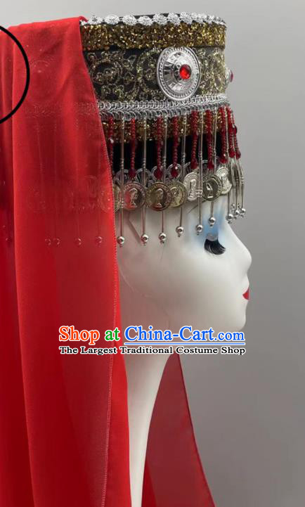 Chinese Uyghur Nationality Woman Tassels Headdress Ethnic Stage Performance Red Veil Hat Xinjiang Minority Dance Headwear