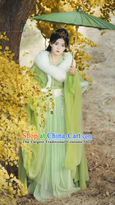 Chinese Ancient Fairy Clothing Traditional Green Hanfu Dress and Long Mantle Jin Dynasty Princess Costume