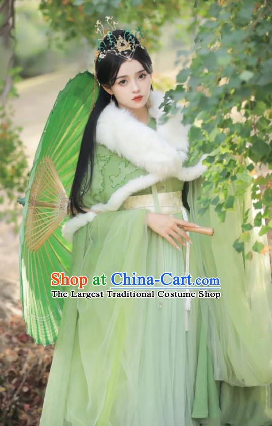 Chinese Ancient Fairy Clothing Traditional Green Hanfu Dress and Long Mantle Jin Dynasty Princess Costume