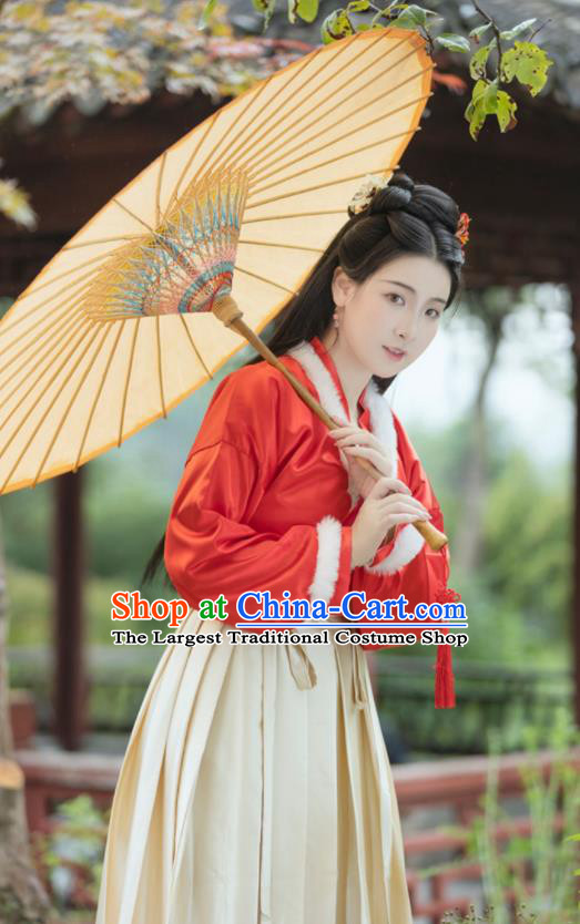 Chinese Song Dynasty Young Lady Costumes Ancient Noble Woman Clothing Traditional Winter Red Hanfu Dresses