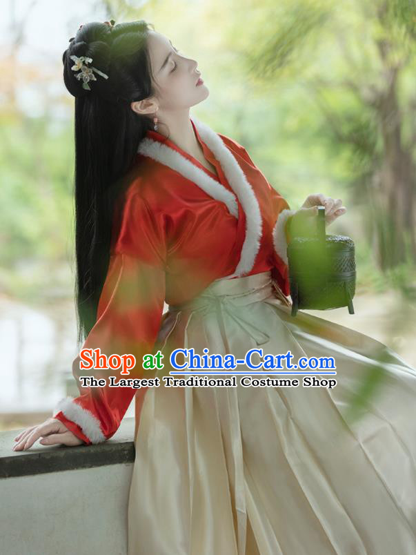 Chinese Song Dynasty Young Lady Costumes Ancient Noble Woman Clothing Traditional Winter Red Hanfu Dresses