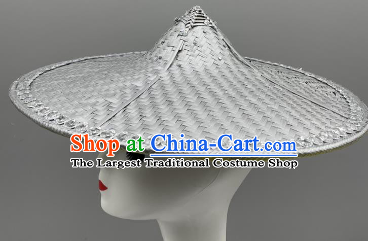 Chinese Dai Nationality Dance Headdress Yunnan Folk Dance Grey Bamboo Hat Stage Performance Headwear