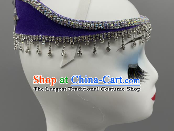 Chinese Xinjiang Dance Purple Feather Headpiece Ethnic Stage Performance Headwear Uyghur Nationality Folk Dance Bells Headdress