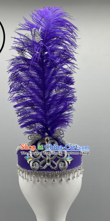 Chinese Xinjiang Dance Purple Feather Headpiece Ethnic Stage Performance Headwear Uyghur Nationality Folk Dance Bells Headdress
