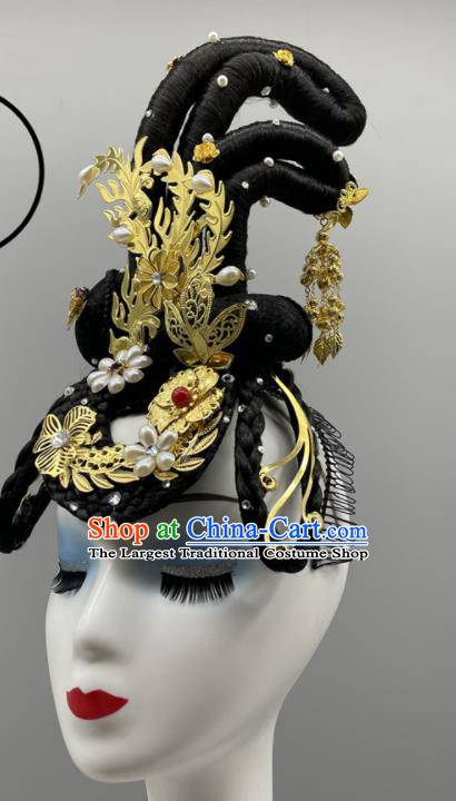 Chinese Women Group Dance Headpiece Classical Dance Headdress Beauty Dance Hair Jewelries Stage Performance Wig Hairpieces