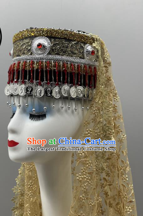 Chinese Tajik Nationality Folk Dance Headdress Xinjiang Dance Bells Hat Ethnic Stage Performance Veil Headwear