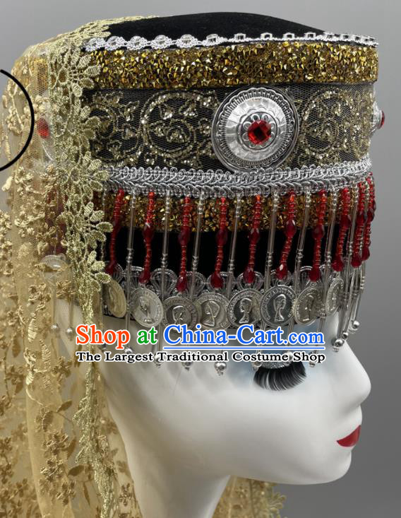 Chinese Tajik Nationality Folk Dance Headdress Xinjiang Dance Bells Hat Ethnic Stage Performance Veil Headwear