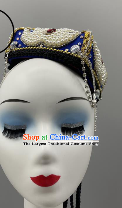 Chinese Xinjiang Dance Royal Blue Hat Ethnic Stage Performance Headwear Uyghur Nationality Folk Dance Braids Headdress