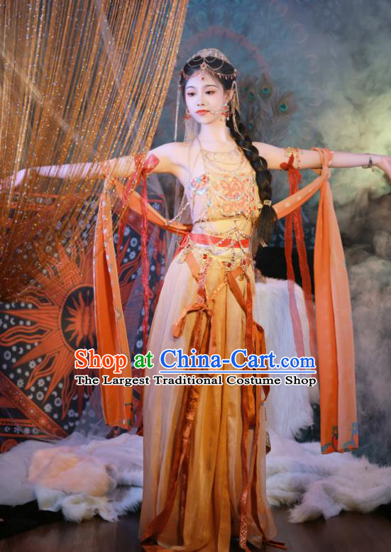 Chinese Ethnic Young Lady Garment Costumes Traditional Dance Dress Ancient Western Regions Princess Clothing and Headpieces