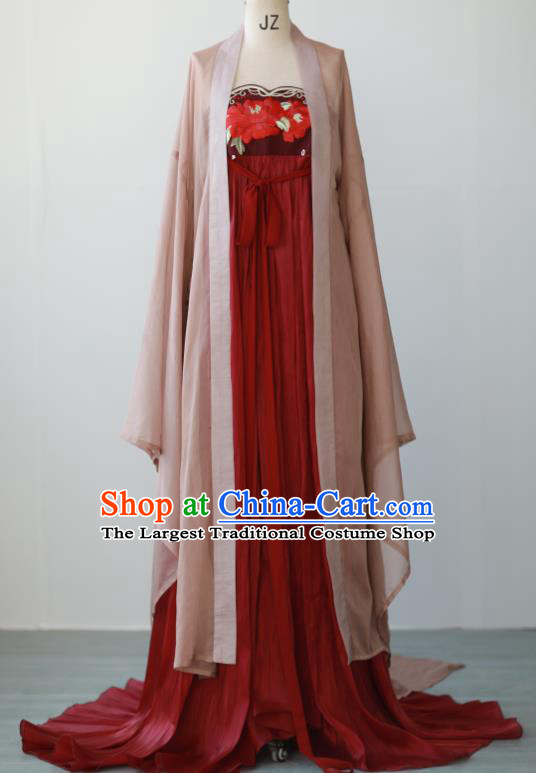 Chinese Tang Dynasty Princess Garment Costumes Traditional Dark Red Hanfu Dresses Ancient Goddess Clothing