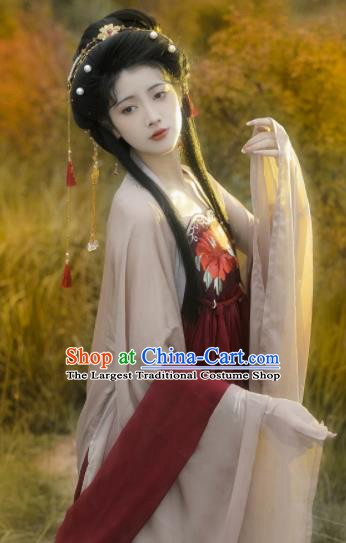 Chinese Tang Dynasty Princess Garment Costumes Traditional Dark Red Hanfu Dresses Ancient Goddess Clothing