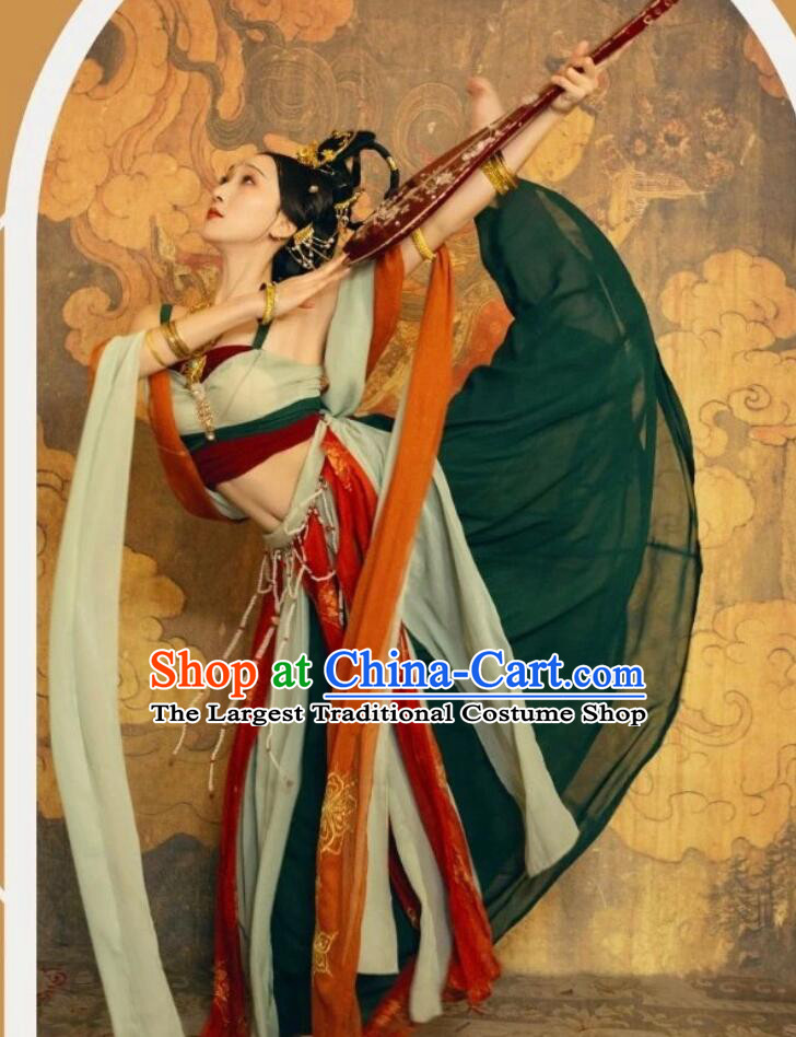 Chinese Ancient Fairy Dark Green Hanfu Clothing Traditional Dun Huang Flying Apsaras Costume Tang Dynasty Dance Lady Dress
