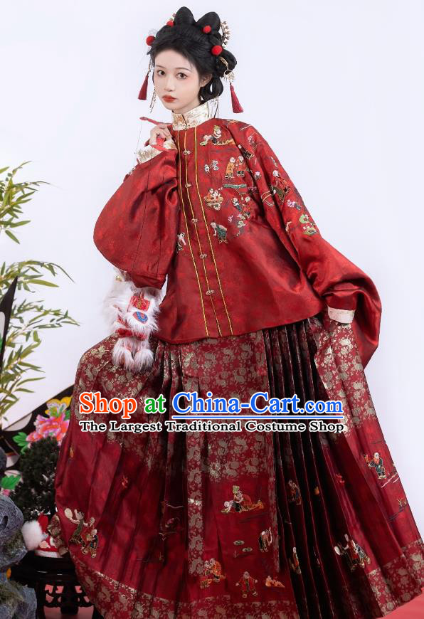 China Traditional Hanfu Red Brocade Jacket and Mamian Qun Skirt Ancient Young Lady Costumes Ming Dynasty Female Clothing