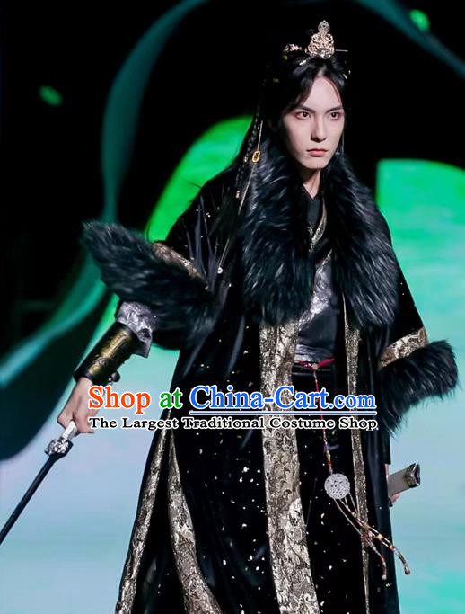 China Ming Dynasty Swordsman Black Clothing Traditional Winter Male Hanfu Ancient Young Hero Costumes