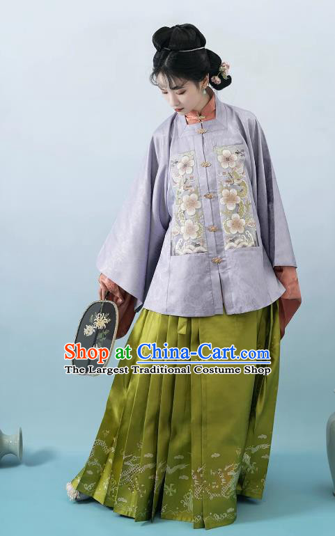 China Traditional Embroidered Hanfu Fashion Ancient Ming Dynasty Replica Costumes Young Woman Lilac Jacket Pink Blouse and Green Mamian Qun