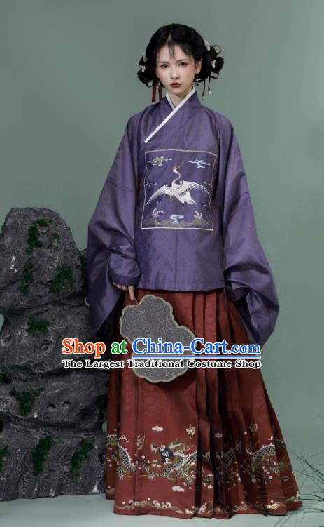 China Traditional Hanfu Ming Dynasty Purple Blouse and Red Ma Mian Qun Skirt Ancient Young Woman Costumes Complete Set