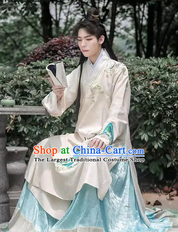 China Ancient Noble Childe Costumes Ming Dynasty Historical Clothing Traditional Hanfu Beige Long Gown and Blue Mamian Skirt