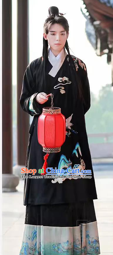China Traditional Male Hanfu Black Long Gown and Skirt Ancient Ming Dynasty Young Childe Costumes