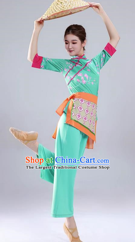 Light Green Tea Picking Female Dance Costumes Bamboo Hats Yangko Costumes Adult Village Girl Costumes Ethnic Style Costumes