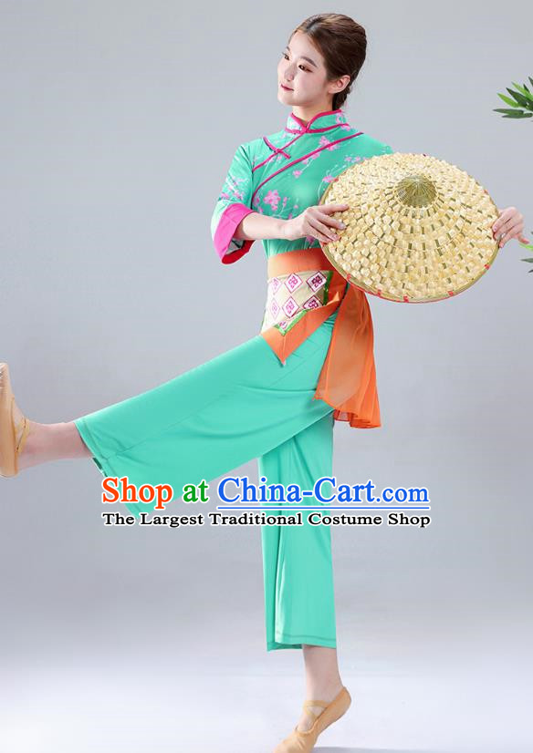 Light Green Tea Picking Female Dance Costumes Bamboo Hats Yangko Costumes Adult Village Girl Costumes Ethnic Style Costumes