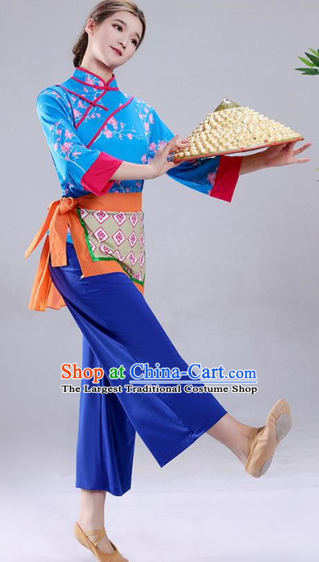 Blue Tea Picking Female Dance Costumes Bamboo Hats Yangko Costumes Adult Village Girl Costumes Ethnic Style Costumes