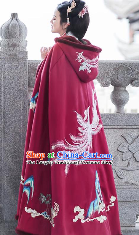 China Embroidered Hanfu Cape Ancient Princess Clothing Ming Dynasty Costumes Winter Wine Red Cloak