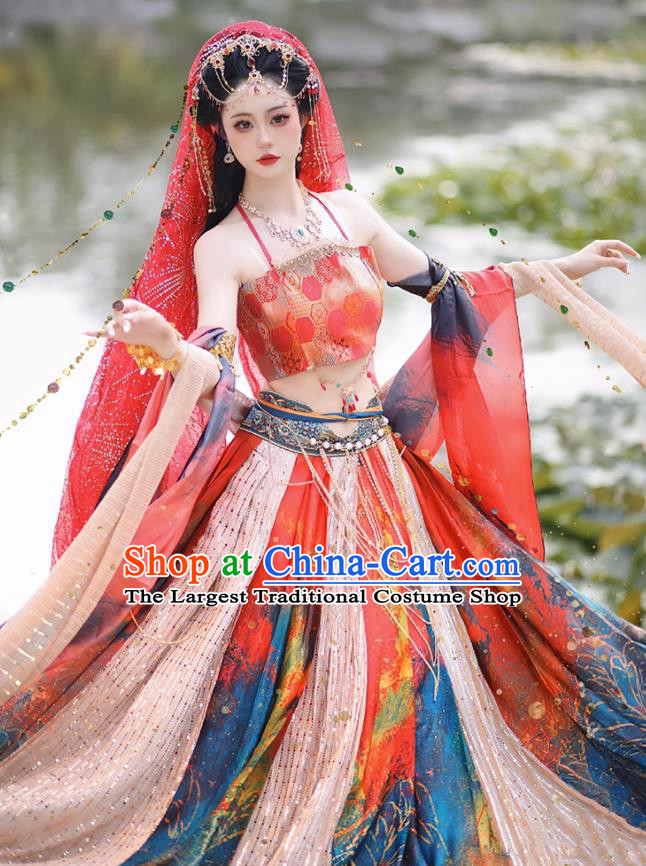 China Ancient Dancing Beauty Clothing Dun Huang Fairy Red Dress Western Region Xi Yu Dance Lady Costume