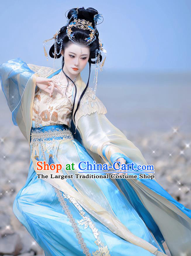 China Ancient Goddess Hanfu Southern and Northern Dynasties Princess Clothing Swordswoman Blue Dress