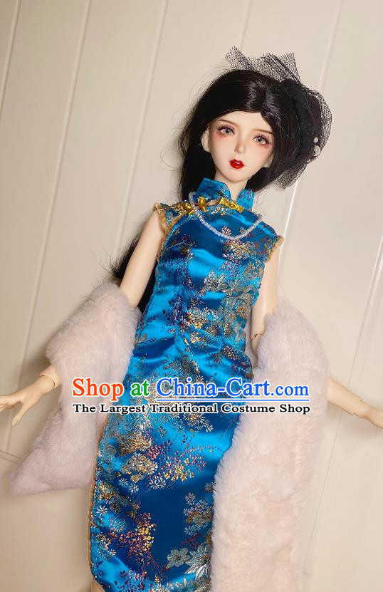 Customize Handmade BJD Costume Top Figurine Qipao Clothing Sexy Girl Blue Brocade Cheongsam