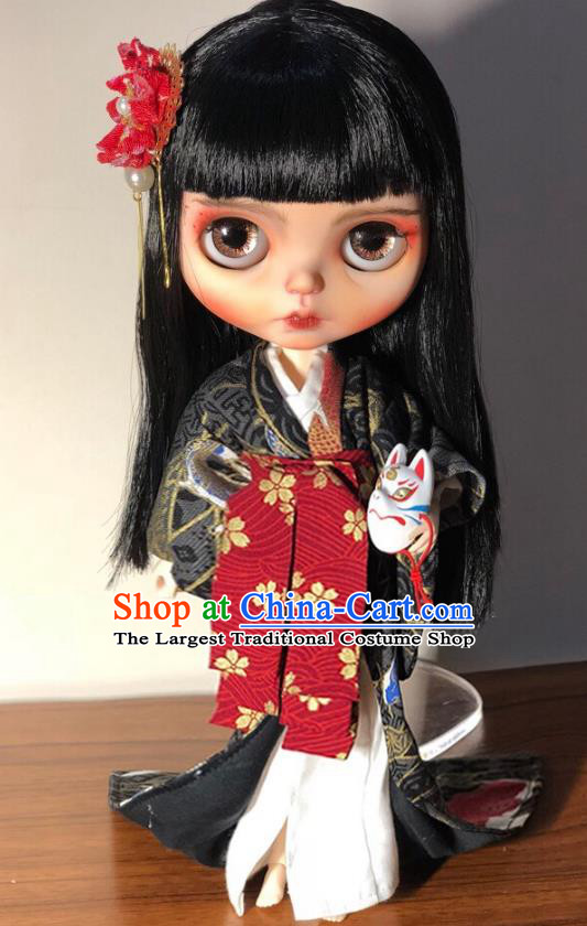 Handmade BJD Doll Costume Top Super Dollfie Japanese Woman Clothing Customize Courtesan Black Trailing Kimono