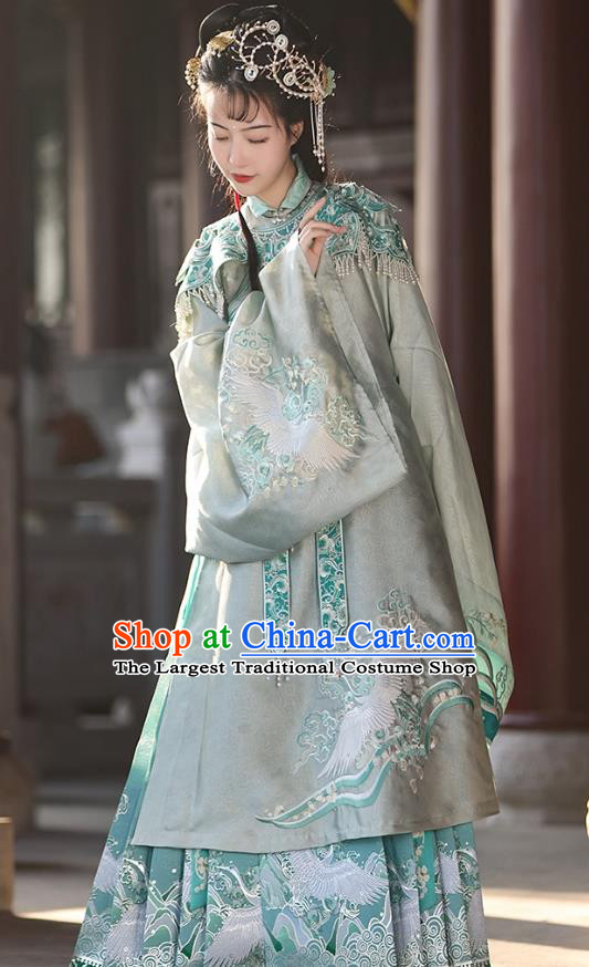 China Ming Dynasty Embroidered Costumes A Dream in Red Mansions Jia Yingchun Clothing Traditional Hanfu Green Long Blouse and Mamian Qun Set