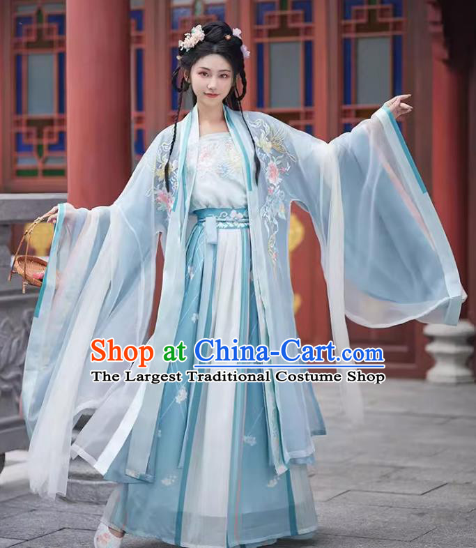 China Plus Size Hanfu Blue Qiyao Ruqun Song Dynasty Young Lady Clothing Ancient Princess Embroidered Costumes