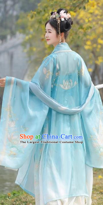 China Tang Dynasty Princess Clothing Ancient Court Lady Costumes Plus Size Hanfu Blue Embroidered Hezi Ruqun