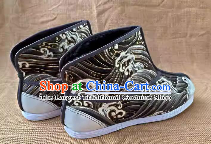 Chinese Handmade Brocade Kung Fu Boots Old Peking Strong Cloth Soles Shoes Traditional Winter Thermal Boots