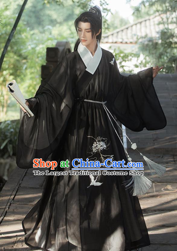 Male Traditional Hanfu Black Outfit China Ming Dynasty Young Childe Clothing Ancient Scholar Costumes