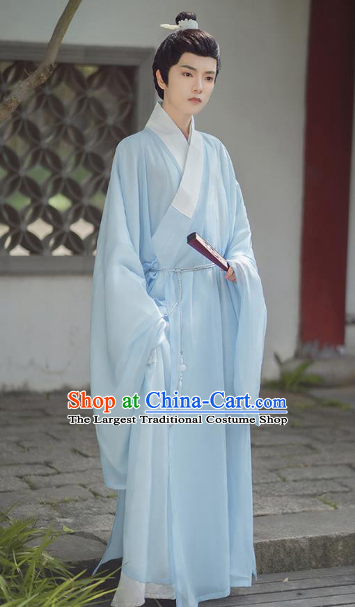 China Ming Dynasty Young Male Historical Costume Ancient Scholar Clothing Blue Hanfu Robe