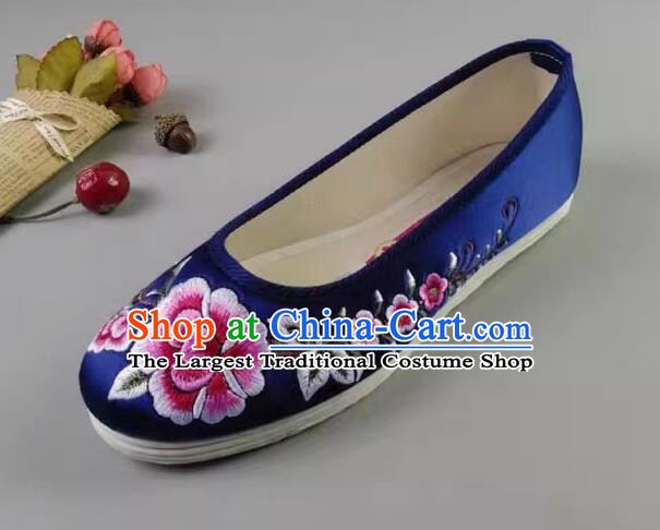 Chinese Dark Blue Satin Shoes Embroidered Peony Shoes Handmade Old Peking Strong Cloth Soles Shoes