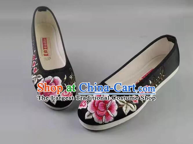 Handmade Old Peking Strong Cloth Soles Shoes Chinese Black Satin Shoes Embroidered Peony Shoes