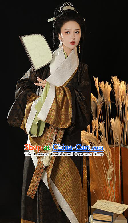 China Traditional Hanfu Costumes Ancient Empress Clothing Han Dynasty Mawangdui Curving Front Robe Complete Set