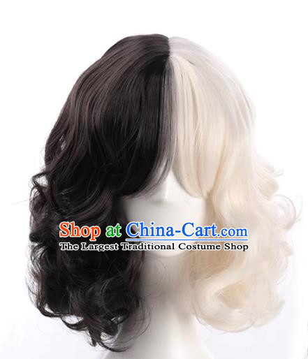 European And American Style Black And White Double Color High Temperature Wire Wig For Ladies With Short Curly Hair