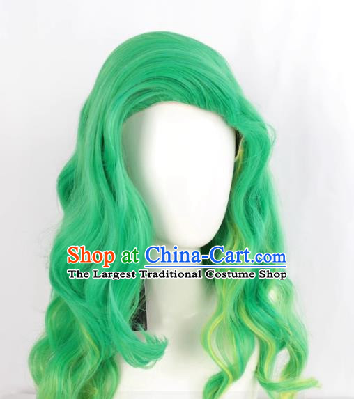 European And American Front Flip Up Style Women Whole Wig Green Gradient Yellow Large Wavy Medium Long Curly Hair