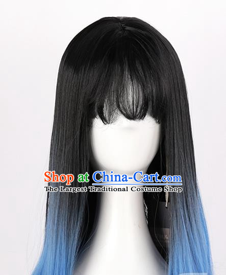 Black Gradient Sapphire Blue Dyed Mid Length Inner Button Curly Hair Ladies Daily Air Bangs Full Wig