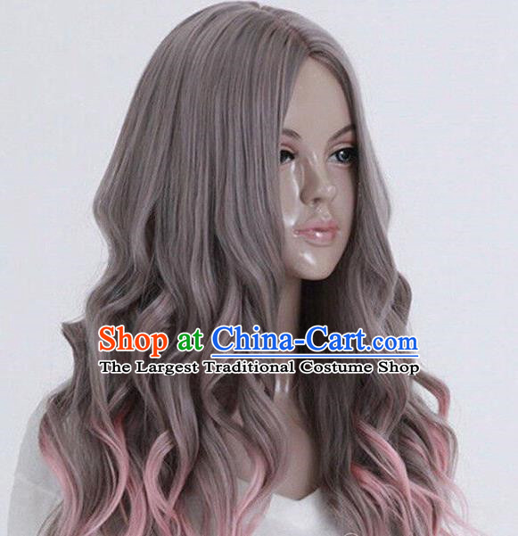 European And American Long Curly Hair Corn Perm Gray Gradient Pink Middle Parted Scalp Ladies Prom Lolita Wig