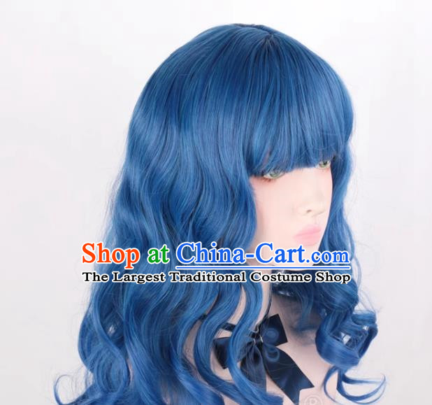 Mixed Blue Air Bangs Long Curly Hair European And American Medium Length Cosplay Party Big Wave Wig