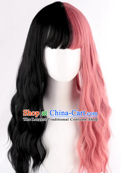 Double Color Black Pink Lolita Girl With Full Bangs Corn Perm Slightly Curly Long Hair Full Wig