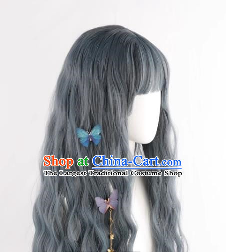 Haze Gray Blue Lo Girl Fake Hair Lolita Curly Hair Full Headset Wig Lolita Female Long Hair